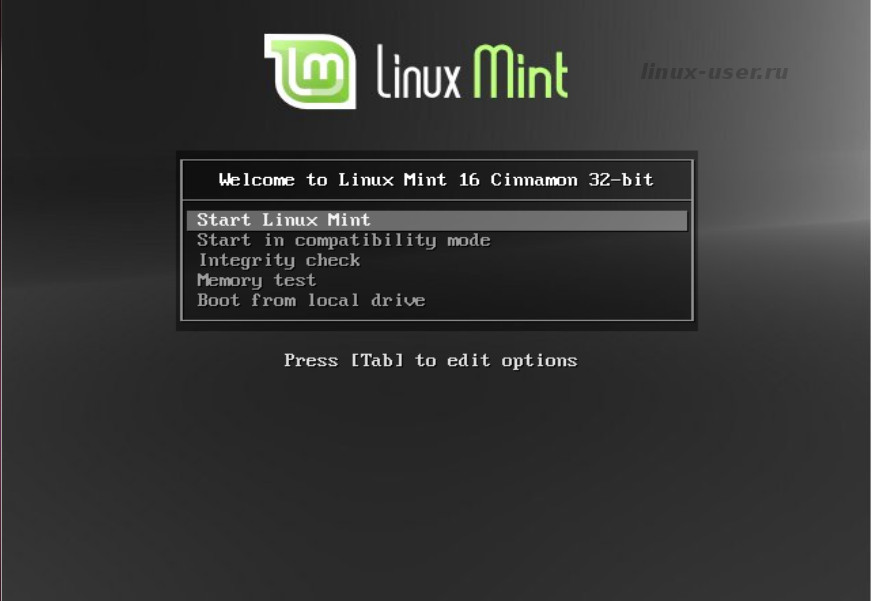 Linux Mint 16 Cinnamon загрузочное меню Live DVD