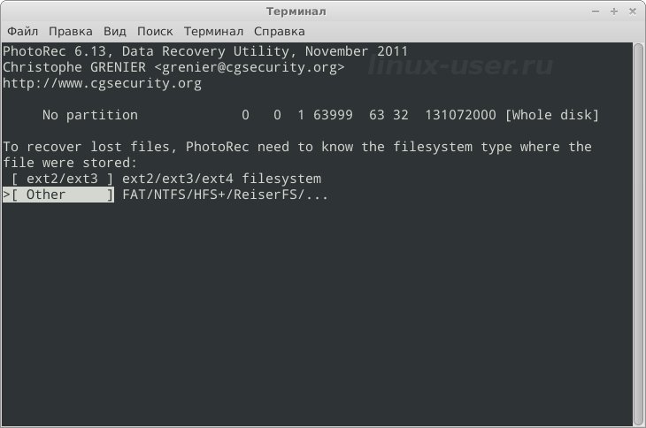 Выбираем тип файловой системы для восстановления файлов в Linux